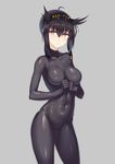  black_hair bodysuit breasts cameltoe contrapposto covered_navel cowboy_shot expressionless eyebrows_visible_through_hair grey_background hair_between_eyes hatsuzuki_(kantai_collection) headband impossible_bodysuit impossible_clothes kantai_collection md5_mismatch medium_breasts own_hands_together qin simple_background solo standing yellow_eyes 