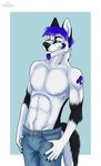 2017 5_fingers anthro beard black_fur black_nose blue_eyes blue_hair canine cinta clothed clothing dog eyebrows facial_hair fur hair husky jeans looking_at_viewer male mammal multicolored_fur pants simple_background smile solo standing topless white_fur 