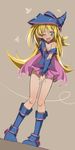  bare_shoulders blonde_hair blue_footwear blush boots breasts choker cleavage dark_magician_girl duel_monster green_eyes hat long_hair one_eye_closed open_mouth pentacle small_breasts solo wizard_hat yuu-gi-ou yuu-gi-ou_duel_monsters zuttokodomo 