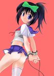  1girl ass black_hair blue_eyes blush breasts kunihiro_hajime no_panties saki skirt small_breasts solo thighhighs upskirt 