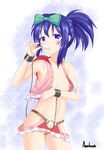  1girl amakusa_shio bandaid bandaid_on_pussy blue_eyes bow breasts cuffs food hair_bow hip_vent kunihiro_hajime looking_at_viewer nipples no_bra no_panties ponytail popsicle revealing_clothes saki shackles small_breasts solo 