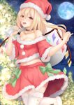  1girl alternate_costume alternate_headwear arm_up bag bangs bare_shoulders black_choker blonde_hair blurry bow breasts carrying_over_shoulder choker christmas christmas_tree cleavage cloud collarbone cowboy_shot crop_top depth_of_field eyebrows_visible_through_hair flandre_scarlet full_moon fur-trimmed_legwear fur-trimmed_skirt fur_trim hair_between_eyes hat highres holding holding_bag looking_at_viewer medium_breasts midriff moon navel neck_bell night night_sky off_shoulder open_mouth outdoors pinky_out red_eyes santa_costume santa_hat short_hair short_sleeves side_ponytail sky solo sonia_(fetusdream) standing standing_on_one_leg star_(sky) starry_sky striped striped_bow thighhighs touhou white_footwear white_legwear wings 