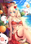  animal_ears bangs beach bikini blonde_hair blue_sky breasts cleavage closed_mouth cloud cloudy_sky commentary_request crazy_straw day drinking_straw eyebrows_visible_through_hair fang final_fantasy final_fantasy_xiv food front-tie_bikini front-tie_top fruit grapes hair_between_eyes heart highres knee_up large_breasts leg_garter light_rays long_hair looking_at_viewer miqo'te moogle mutsuba_fumi ocean outdoors red_bikini sarong sitting sky smile solo sunbeam sunlight swimsuit tail tropical_drink whisker_markings 