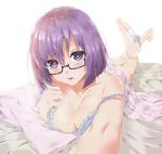  barefoot blush breasts cleavage collarbone eyebrows_visible_through_hair fate/grand_order fate_(series) glasses heart heart-shaped_pupils highres large_breasts looking_at_viewer lying mash_kyrielight nipple_slip nipples on_stomach panties panties_around_one_leg parted_lips purple_eyes purple_hair removing_bra sahara386 short_hair solo suggestive_fluid symbol-shaped_pupils underwear white_panties 