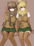  bactrian_camel_(kemono_friends) blonde_hair breasts brown_background brown_eyes brown_hair camel_ears double_bun dromedary_(kemono_friends) dromedary_ears fur_trim hair_and_beard hair_bun highres kemono_friends large_breasts long_hair multiple_girls pantyhose pleated_skirt simple_background sitting skirt thighhighs wavy_hair yellow_eyes 