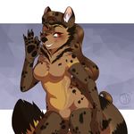  5_fingers anthro breasts brown_fur brown_hair canine charmrage featureless_breasts featureless_crotch female fur hair hybrid mammal nude simple_background smile spots spotted_fur wolf 