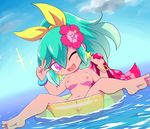  ;d aqua_hair ass barefoot beachhime blue_sky blush_stickers breasts chibi clitoris cloud day earrings feet flower green_innertube hair_between_eyes hair_flower hair_ornament hair_ribbon hibiscus innertube jewelry long_hair looking_at_viewer medium_breasts multicolored_hair navel nipples nollety nude one_eye_closed open_mouth outdoors pink_eyes ponytail pussy ribbon sky smile soles solo sparkle spread_legs star star_earrings transparent v water youkai_watch 