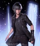  black_eyes black_hair blurry blurry_background final_fantasy final_fantasy_xv fingerless_gloves gloves highres ilya_kuvshinov jacket looking_at_viewer lord_of_vermilion lord_of_vermilion_iv male_focus noctis_lucis_caelum official_art single_fingerless_glove solo standing watermark 