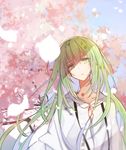  bangs cherry_blossoms collarbone enkidu_(fate/strange_fake) eyebrows_visible_through_hair fate/strange_fake fate_(series) green_eyes green_hair head_tilt highres long_hair looking_at_viewer mom_29_mom petals robe solo white_robe 