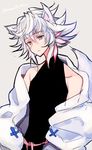  animal_ears bangs bare_shoulders black_shirt eyebrows_visible_through_hair fate_(series) grey_background highres looking_at_viewer male_focus merlin_(fate) mom_29_mom off_shoulder parted_lips purple_eyes shirt simple_background sleeveless sleeveless_shirt solo twitter_username white_hair 