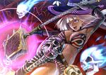  abazu-red belt black_hat breasts cleavage dark_skin hat holding holding_weapon large_breasts long_hair looking_away open_mouth original purple_eyes skull smile solo teeth tongue weapon white_hair witch_hat 