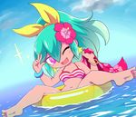  ;d aqua_hair ass barefoot beachhime bikini_top blue_sky blush_stickers breasts chibi cloud commentary day earrings feet flower green_innertube hair_between_eyes hair_flower hair_ornament hair_ribbon hibiscus innertube jewelry long_hair looking_at_viewer medium_breasts multicolored_hair navel nollety one_eye_closed open_mouth outdoors pink_eyes ponytail ribbon sky smile soles solo sparkle spread_legs star star_earrings striped_bikini_top transparent v water youkai_watch 