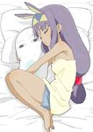  absurdres animal_ears bangs barefoot blunt_bangs closed_eyes dark_skin donguri_suzume facial_mark fate/grand_order fate_(series) from_side hairband highres jackal_ears lying medjed nitocris_(fate/grand_order) on_side pillow purple_hair sleeping sweat younger 