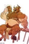  2017 alcohol anthro balls beer belly beverage big_balls big_belly big_muscles blush body_hair bovine brown_fur cattle chest_hair clothing facial_hair fur hairy hooves horn kihu loincloth male mammal manly musclegut muscular muscular_male nipples open_mouth slightly_chubby smile 