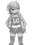  dark_skin greyscale halftone highres jacket looking_at_viewer mizu monochrome navel open_mouth original shorts smile solo thighhighs 