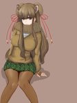  bactrian_camel_(kemono_friends) breasts brown_background brown_eyes brown_hair camel_ears double_bun fur_trim hair_and_beard highres kemono_friends large_breasts long_hair pantyhose pleated_skirt simple_background sitting skirt solo wavy_hair 