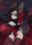  5_fingers anthro black_hair breasts charmrage clothed clothing detailed_background eyelashes facial_piercing female hair lagomorph mammal night nose_piercing nose_ring outside piercing rabbit red_eyes solo wide_hips 