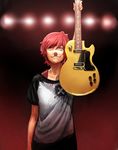  absurdres arm_up brown_eyes commentary cowboy_shot electric_guitar facepaint guitar highres holding idolmaster idolmaster_million_live! instrument julia_(idolmaster) kuresaka red_hair shirt short_hair smile standing star 