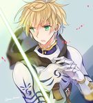  armor arthur_pendragon_(fate) blonde_hair excalibur fate/prototype fate_(series) gauntlets green_eyes hood male_focus mom_29_mom open_mouth solo sword weapon 
