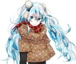  black_hairband blue_eyes blue_hair hair_between_eyes hairband hatsune_miku long_hair looking_at_viewer red_scarf scarf simple_background solo standing twintails upper_body urahara very_long_hair vocaloid white_background 