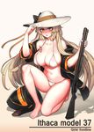  :o bangs bare_legs bare_shoulders barefoot bikini black_bow black_jacket body_writing bow breast_tattoo breasts cain_(gunnermul) cleavage collarbone error eyebrows_visible_through_hair fingernails girls_frontline gradient gradient_background gun hair_between_eyes hand_on_headwear hand_up hat hat_bow hat_ribbon highres holding holding_gun holding_weapon ithaca_m37 ithaca_m37_(girls_frontline) jacket large_breasts light_brown_hair long_hair long_sleeves looking_at_viewer midriff navel off_shoulder one_knee open_clothes open_jacket open_mouth orange_eyes ribbon short_sleeves shotgun solo strap_gap string_bikini sun_hat swimsuit tattoo toenails toes very_long_hair weapon white_bikini yellow_ribbon 