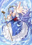  arm_up blue_hair breasts bubble cleavage dress hat katahira_masashi large_breasts long_hair looking_at_viewer monster_girl open_mouth original purple_eyes scylla solo very_long_hair water wrist_cuffs 