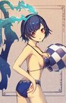  alice_(sinoalice) ass bad_id bad_pixiv_id ball blue_hair blush breasts cleavage eyebrows_visible_through_hair hairband highres holding holding_ball kotoribako large_breasts looking_at_viewer parted_lips red_eyes short_hair sideboob sinoalice solo 