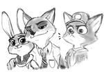  arm-on_shoulder canine clothing cub disney female fox hug judy_hopps kokoro-tokoro lagomorph male mammal monochrome multiple_images myuutsufan nick_wilde rabbit sketch young zootopia 