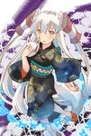  alternate_costume amatsukaze_(kantai_collection) animal_ears bell brown_eyes commentary floral_print fox_ears fox_mask fox_tail hair_tubes highres holding holding_mask japanese_clothes jingle_bell kantai_collection kemonomimi_mode kimono long_hair looking_at_viewer mask smile solo st31472591 tail two_side_up white_hair 