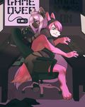  5_fingers anthro barefoot brown_eyes brown_nose canine charmrage clothed clothing controller digitigrade dog duo ear_piercing female hair holding_object keyboards mammal piercing pink_hair purple_hair smile 