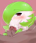 1boy 1girl :&gt;= artist_request blush erection fellatio gardevoir green_hair hair_over_one_eye licking looking_at_viewer penis pink_eyes pokemon saliva squeezing_testicles sweat testicles tongue tongue_out 