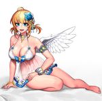  :d angel angel_wings arm_at_side arm_support armlet babydoll bangs bare_arms bare_legs bare_shoulders barefoot bead_bracelet beads bed_sheet blonde_hair blue_bow blue_eyes blue_flower blue_neckwear bow bow_panties bowtie bra bracelet breasts cain_(gunnermul) choker cleavage collarbone eyebrows_visible_through_hair eyelashes fang feathered_wings feet flower frills gem hair_between_eyes hair_flower hair_ornament highres jewelry large_breasts lingerie looking_at_viewer makeup mascara navel necklace on_bed open_mouth original panties scrunchie see-through short_hair sidelocks simple_background sitting sitting_on_bed smile solo spread_fingers stomach toes two_side_up underwear underwear_only white_background white_bra white_panties white_wings wings wrist_scrunchie yokozuwari 