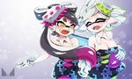  2girls aori_(splatoon) artist_name black_dress black_jumpsuit breasts brown_eyes chichi_band cleavage closed_eyes cousins detached_collar domino_mask dress fangs food food_on_head gloves green_legwear grey_hair highres holding_hands hotaru_(splatoon) long_hair looking_at_another looking_back mask medium_breasts mole mole_under_eye multiple_girls object_on_head open_mouth pointy_ears short_hair short_jumpsuit smile splatoon_(series) standing strapless strapless_dress sushi tentacle_hair unitard upper_body watermark white_gloves yuri 