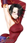  :p alfred_cullado armpits arms_up black_hair breasts cinder_fall detached_sleeves facial_scar hair_over_one_eye highres medium_breasts patreon_logo rwby scar short_hair single_sleeve solo tongue tongue_out watermark web_address white_background yellow_eyes 