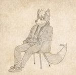  2014 canine clothing coat cupped_hands eye_contact footwear fox fur gupa507 mammal marcus_mccloud monochrome multicolor_tail multicolored_fur pants pose shirt shoes sitting sketch smile two_tone_fur 