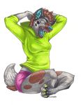  blue_tongue boy_shorts clothing crossed_legs eyes_closed female hoodie hyena mammal mohawk open_mouth panties raised_arm sitting solo spots stretching traditional_media_(artwork) underwear yawn 