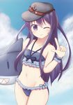  ;) akatsuki_(kantai_collection) anchor_symbol bangs bikini black_hat blue_bikini blue_sky breasts cloud cloudy_sky collarbone commentary_request cowboy_shot day eyebrows_visible_through_hair flat_cap frilled_bikini frilled_cuffs frills groin hair_between_eyes halter_top halterneck hat index_finger_raised inflatable_shark inflatable_toy kantai_collection long_hair looking_at_viewer minakami_mimimi navel one_eye_closed outdoors purple_eyes purple_hair red-framed_eyewear remodel_(kantai_collection) sky small_breasts smile solo standing stomach sunglasses swimsuit very_long_hair wrist_cuffs 