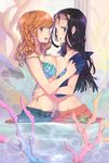  2girls :d :o aqua_eyes arm bare_arms bare_shoulders bikini_top black_hair blush breast_press breasts brown_eyes coral earrings female friends highres hug jewelry large_breasts long_hair looking_at_viewer midriff multiple_girls mutual_yuri nami_(one_piece) neck nico_robin off_shoulder one_piece open_mouth orange_hair pants partially_submerged round_teeth short_hair smile strap_slip sunglasses sunglasses_on_head teeth undressing water yuri 