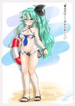  adapted_costume alternate_costume alternate_hairstyle bikini blue_eyes breasts check_translation choker cleavage commentary_request green_hair hair_between_eyes hair_ornament hair_ribbon hairclip highres kantai_collection lifebuoy long_hair looking_at_viewer medium_breasts ribbon ryuun_(stiil) sandals side-tie_bikini side_ponytail smile solo swimsuit translation_request yamakaze_(kantai_collection) 