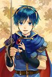  belt black_gloves blue_cape blue_eyes blue_hair blue_shirt cape eyebrows_visible_through_hair fingerless_gloves fire_emblem fire_emblem:_monshou_no_nazo gloves hairband highres holding holding_sword holding_weapon kiyuu looking_at_viewer male_focus marth parted_lips shirt smile solo standing sword upper_body weapon yellow_hairband 