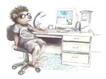  anthro brown_eyes chair clothing computer counter-strike cub cup desk eyewear glasses hedgehog keyboard lamp male mammal oddwilds solo young 