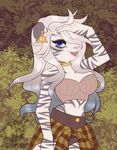  anthro blue_eyes breasts charmrage clothed clothing eyelashes feline fur grey_stripes hair mammal midriff navel open_mouth pink_nose smile striped_fur stripes teeth tiger tongue white_fur white_hair wide_hips 