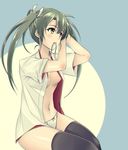  adjusting_hair bangs black_legwear blush breasts chromatic_aberration collarbone green_eyes green_hair hair_ribbon kantai_collection long_hair looking_to_the_side mouth_hold navel open_clothes open_shirt panties ribbon shiny shiny_skin shirt sidelocks sitting small_breasts solo stomach thighhighs thighs twintails two-tone_background underwear white_panties white_ribbon white_shirt yeongming zuikaku_(kantai_collection) 