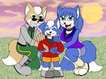  blue_eyes blue_fur brown_fur clothing cub cute eyes_closed family family_portrait father father_and_son fox_mccloud fur green_eyes kneeling korusante krystal marcus_mccloud mother mother_and_son multicolor_tail multicolored_fur nintendo open_mouth parent smile son star_fox sunglases two_tone_fur video_games white_fur young 