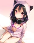  animal_hood ass_visible_through_thighs bare_legs barefoot bikini_top black_hair breasts eyebrows_visible_through_hair folded_leg from_above headphones headphones_around_neck hood hoodie looking_at_viewer love_live! love_live!_school_idol_project mignon mouth_hold navel open_clothes open_hoodie pink_eyes sitting sleeves_past_wrists small_breasts solo thigh_gap twintails unzipped yazawa_nico 