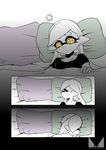  1girl bed bed_sheet brown_eyes chichi_band closed_eyes closed_mouth comic domino_mask hair_down hotaru_(splatoon) light_frown lying mask mole mole_under_eye on_back pillow pointy_ears shirt silent_comic splatoon_(series) splatoon_2 spot_color t-shirt tentacle_hair watermark 
