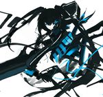 asymmetrical_hair belt black_bikini_top black_hair black_rock_shooter black_rock_shooter_(character) black_shorts blue_eyes breasts burning_eye hair_ornament hair_over_one_eye iori_yakatabako limited_palette long_hair looking_at_viewer midriff navel short_shorts shorts simple_background small_breasts solo stomach twintails underboob very_long_hair white_background 