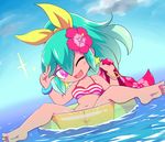  ;d aqua_hair ass barefoot beachhime bikini_top blue_sky blush_stickers bottomless breasts chibi clitoris cloud day earrings feet flower green_innertube hair_between_eyes hair_flower hair_ornament hair_ribbon hibiscus innertube jewelry long_hair looking_at_viewer medium_breasts multicolored_hair navel nollety one_eye_closed open_mouth outdoors pink_eyes ponytail pussy ribbon sky smile soles solo sparkle spread_legs star star_earrings striped_bikini_top transparent v water youkai_watch 