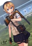  blonde_hair blue_eyes blurry blurry_background cowboy_shot dreadtie freckles gloves gun headset highres looking_at_viewer original school_uniform short_hair shotgun shotgun_shells signature sleeves_rolled_up solo thigh_strap weapon 