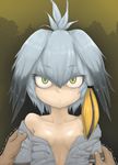  assisted_exposure bangs bare_shoulders black_hair blonde_hair breast_pocket breasts breasts_apart closed_mouth collarbone commentary_request expressionless eyebrows_visible_through_hair eyelashes green_eyes grey_hair grey_shirt hair_between_eyes hands_on_another's_arms kaiyuna kemono_friends long_hair looking_at_viewer low_ponytail multicolored_hair no_bra off_shoulder open_clothes open_shirt pocket shirt shoebill_(kemono_friends) side_ponytail small_breasts solo_focus staring sweat trembling upper_body 